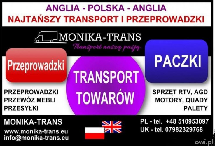Przeprowadzki UK-Polska, transport paczek, AGD, RTV, palet.
