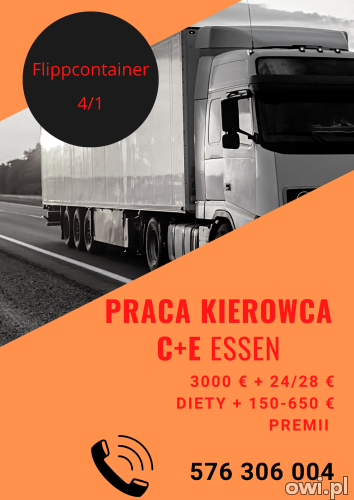 Kierowca C+E Essen 4/1 flippcontainer 3000€ brutto + 24/28€ diety + bonus