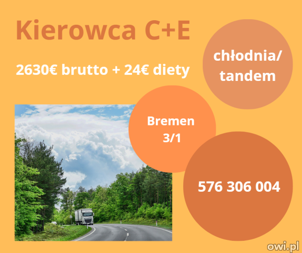 Kierowca C+E Bremen chłodnia/ tandem 2630€ brutto + 24€ diety